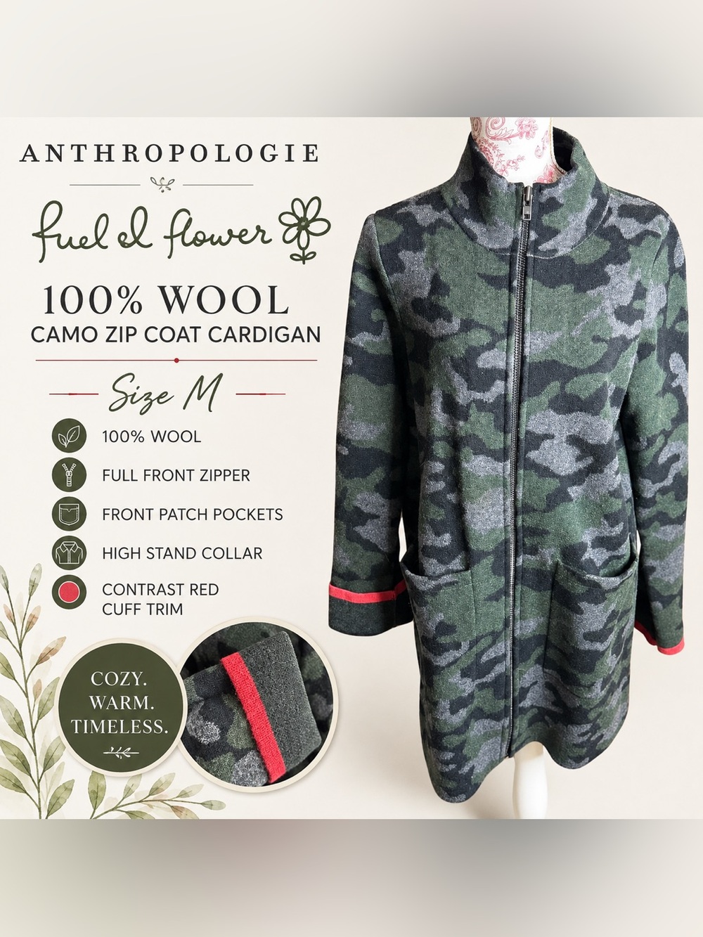 Anthropologie Fuel & Flower 100% Wool Camo Long Zip Coat Cardigan size M